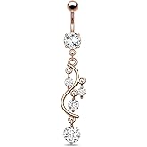 Pierced Owl 14GA Rose Gold Plated Stainless Steel Vine with Crystal Gems Dangling Belly Button Ring