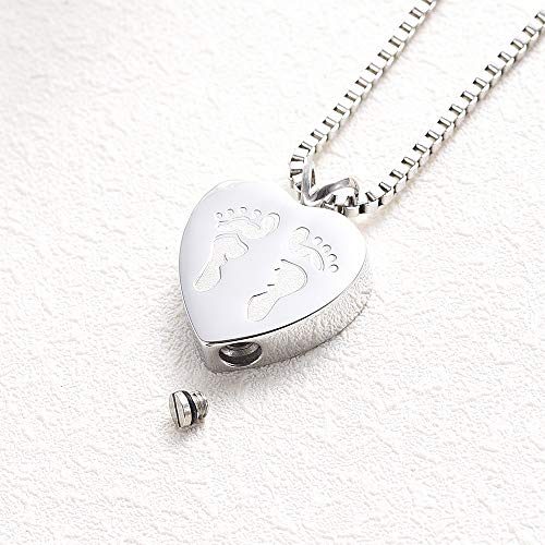 XSMZB Always in My Heart Baby Feet Ashes Keepsake Urn Pendant Necklace Cremation Urns Memorial Jewelry (Silver)