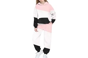 Girls Color Block Sweatsuits 2 Piece Tracksuit Outfits Fleece Hoodies and Sweatpants Sets Jogging Suit for Kids
