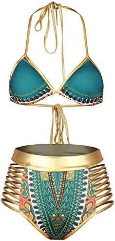 Nine Town Women Halter Neck High Waist Metallic Swimsuit African Print Bikini Set Swimwear