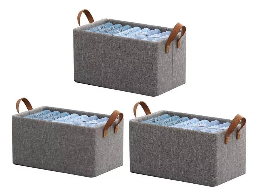 Kit 3 Cestos Organizadores Dobráveis de 26 Litros Caixas Multiuso Com Alças Dupla para Guarda Roupas, Armário, Lavanderia, Malha de Nylon Cinza Resistente e Lavável