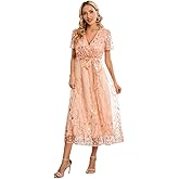 IDOPIP Women's Sequin Embroidery V-Neck Short Sleeve Maxi Evening Dress Sparkly Shiny Wedding Guest Party Cocktail Gowns