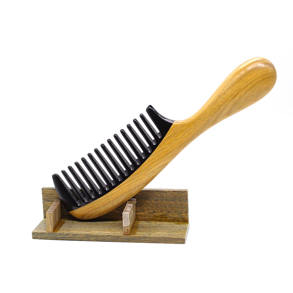 LWBTOSEE 1Pcs Natural Green Sandalwood Ox Horn Wood Anti Static Hair Beard Comb Care Handle