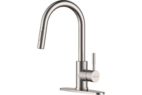 APPASO Modern Kitchen Faucet with Pull Down Multi-Flow Sprayer Brushed Nickel, Single-Handle High Arc Swan-Neck Kitchen Sink