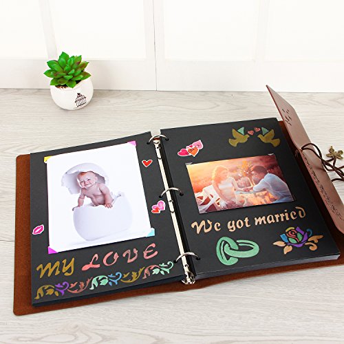 [- XIUJUAN Scrapbook Butterfly Girl Vintage Leather Refillable Photo Album Black Pages Memory Book 