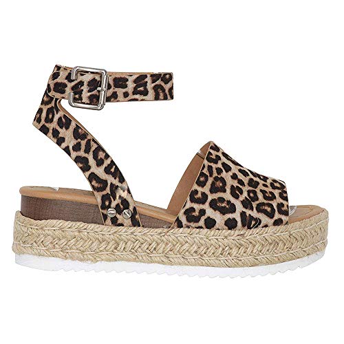 Z. Emma Women's Open Toe Ankle Strap Studded Buckle Espadrilles Platform Wedge Summer Sandals SA01 Leopard 8.5