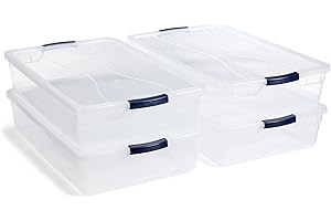 Rubbermaid Cleverstore 42 Quart Stackable Plastic Storage Bin with Lids for Garage, Closet, and Classroom, Clear, 4 Pack