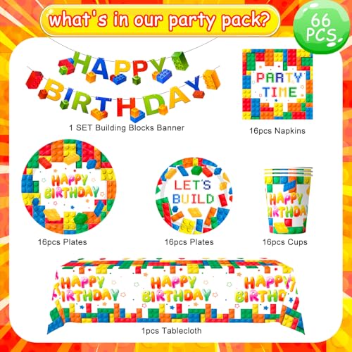 Building Blocks Party Tableware, 16 Guests Building Blocks for Parties Set Building Block Birthday Banner Plates Cups Napkins Tablecloths etc Tableware for Birthday Parties