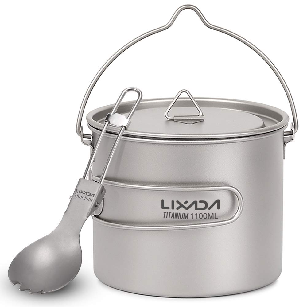 Lixada Ultralight Titanium Cookset 750ml/900ml/1100ml Lightweight Titanium Pot with Folding Spork for Outdoor Camping Hiking Backpacking Picnic