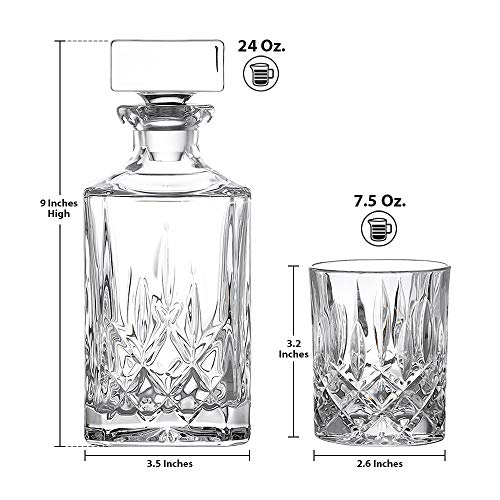 5 Piece Decanter Set - Heavy Based Old Fashioned Irish Cut Glassware for Whiskey, Scotch, Juice - Ideal for Dinner, Parties, and Special Events