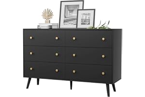 SINROM Dresser for Bedroom, Modern Black Dresser with 6 Drawers, Wide Chest of Drawers with Gold Handles