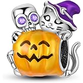 Hapour 925 Sterling Silver Halloween Charms for Bracelets Necklaces, Skull Skeleton Pumpkin Witch Bat Charm Pendant Beads Jewelry Gift for Women Family Friends