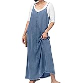 chouyatou Women's Summer Spaghetti Strap Denim Dress A-Line Overall Dress Flowy Swing Maxi Long Jean Dress