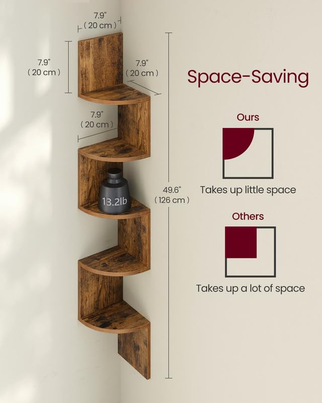 VASAGLE Corner Shelf Wall Mount, 5Tier Floating Corner Bookshelf