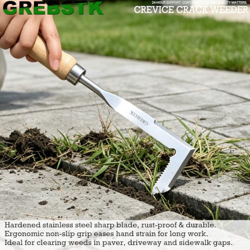 GREBSTK Crack Weeder Crevice Weeding Manual Stainless Steel Gardening Tool | L-shaped blade, razor-sharp hardened, rust-resistant, comfortable handle, 13in, for sidewalk cracks, driveway gaps, edging
