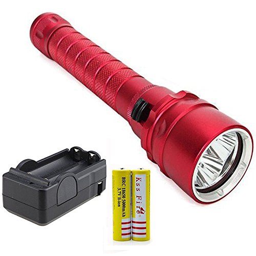 Onedayshop 4000lm 3x Cree Xm-l T6 LED Waterproof Scuba Diving Flashlight Underwater Waterproof Submarine Light Lamp Flashlight Torch 18650 Rechargeable Flashlight Torch Light (Red Flashlight with 2X18650 Batteries and Charger)