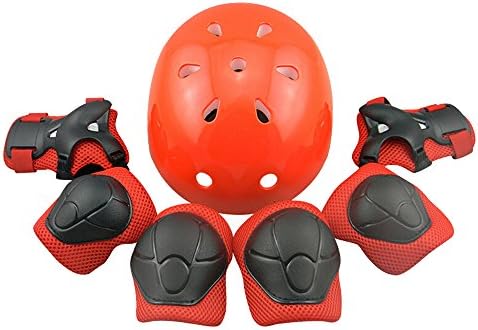 Casa Mall Children Cycling Roller Protective Gear with Helmet Elbow Knee Wrist Pads for Kids (Red, 7 Piece)
