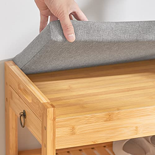 SoBuy Shoe Rack Bamboo Shoe Bench with Seat Cushion, 2-Tier Wooden Shoe Cabinet Organizer with Storage Drawer and Lift Up Top for Hallway and Bedroom, Natural, 55x30x46cm, FSR49-N