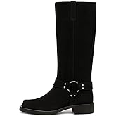 FIFSY Knee High Boots Women Chunky Heel Buckle Moto Riding Boots Low Heel Round Toe Black Suede Booties, US10