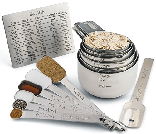 Measuring Cups and Spoons Set with Level & Conversion Chart by INCANA Stainless Steel Measuring Cups & Measuring Spoons Set of 14 Liquid measuring Cups. Dry Measuring Cup Set Nesting Measuring Set