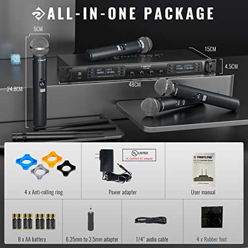 Phenyx Pro Wireless Microphone System, Quad Channel Wireless Mic, w/ 4