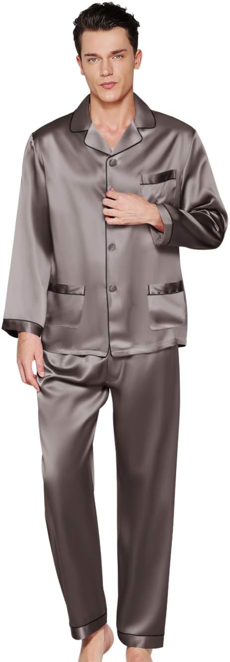 ElleSilk Men's Silk Nightwear, Pure Mulberry Silk Pajamas Long/Short, 22 Momme