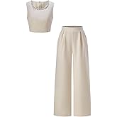 winkbay Women's 2 Piece Casual Summer Outfits Elegant Pearl Crop Tank Top and Wide Leg Pants Work Sets