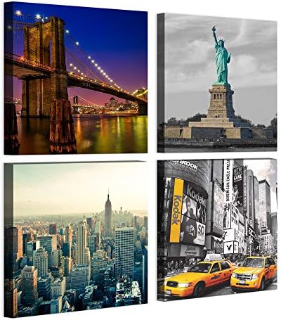 Fabian Roo 70cm x 70cm 4pc Panel Modern Canvas Wall Art - Manhattan, New York, United States, Empire State Building, Statue of Liberty, Times Square, Brooklyn Bridge, Yellow Taxis