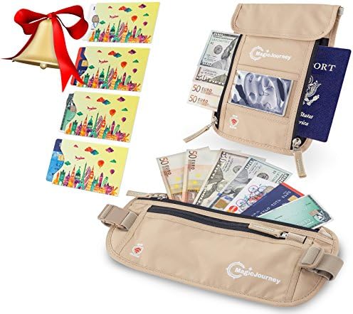 MagicJourney Money Belt with RFID Block & 4 Card Sleeves - Hidden Travel Money Belt and Passport Holder for Women and Men