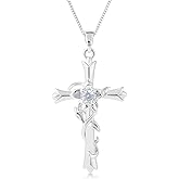 ACECHA Cross Necklace for Women | Silver Faith Birthstone Cross Pendant with Birth Flower Jewelry Gifts for Teen Wife Women for Birthday Anniversary