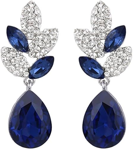 Luxurina Women Bling Austrian Crystal Flower Prom Pierced Teardrop Earrings Sapphire Color-Silver-Tone