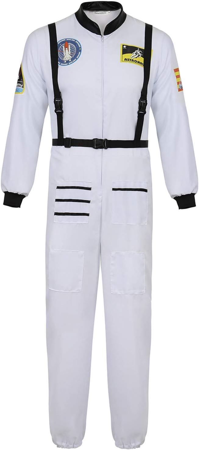 Men's Adult Astronaut Spaceman Costume Coverall Pilot Air Force Flight Jumpsuit Halloween Dress Up Party White-S