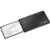 Eschenbach EasyPOCKET XL LED Magnifier, 2.5X, Black, 75 x 50 mm, 6D | Large slide-out viewing area with automatic LED illumination; compact design includes a built-in, fold-out reading stand