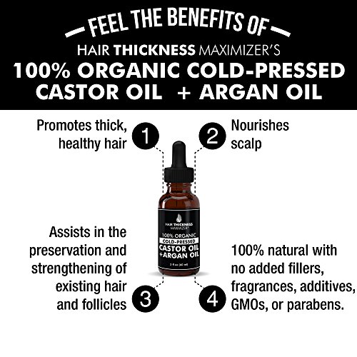 100% Organic Cold Press Castor Oil + Argan Oil by Hair Thickness Maximizer. Great For Thickening Hair, Eyelashes, Eyebrows. Best 2-in-1 Treatment for Hair Loss, Thinning Hair For Men and Women