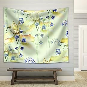 Illustration - Seamless Pattern with Original Flowers, Watercolor Illustration - Fabric Wall Tapestry Home Decor - 51x60 inches