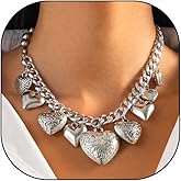 Uarein Puffy Heart Necklace for Women Chunky Punk Print Love Pendant Necklaces Exaggerated Multi Heart Ball Bead Cuban Clavicle Necklace Statement Jewelry Gift