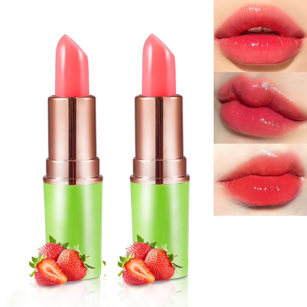 BINGBRUSH Aloe vera Color Changing Lipstick,Moisturizer Long Lasting Lip Care Magic Lip Gloss,Makeup Lipstick Set (2pcs Strawberry, 2 Count (Pack of 1))