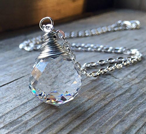 Silver Chain Necklace With Wire Wrapped Clear Swarovski Spectra Faceted 20mm Crystal Ball