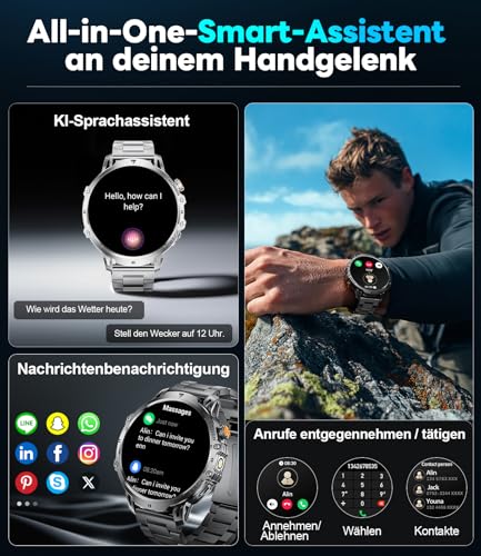 LIGE Military Smartwatch Men - 1000 mAh/1.85 Inch HD Large Touch Screen/LED Light, Fitness Watch with 110+ Sports Modes, Heart/Sleep Tracking, 2 Bracelets, IP68 Waterproof, Sports Watch for iOS/Android, Black