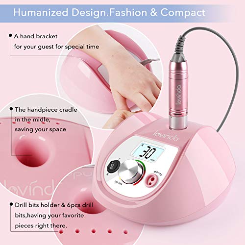 Professional Nail Drill Lavinda 30000RPM Electric Nail File, High Speed Low Heat LCD Display Manicure E File for Shaping, Buffing, Removing Acrylic Nails, Gel Nail with Drill Bits Foot Pedal, Pink