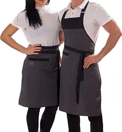 Coolzone Adjustable Restaurant Apron for Women and Men, for Chef Cooking with a Big Pocket, 33-inch Length by 27-inch Width Black/White Pinstripe