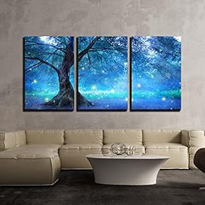 3 Piece Canvas Wall Art - Fairy Tree in Mystic Forest - Modern Home Art Stretched and Framed Ready to Hang - 16"x24"x3 Panels