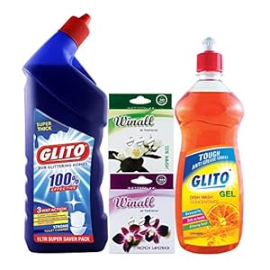 GLITO Toilet Cleaner 1000ml + GLITO Dish Wash 500ml + WINALL Air freshener 50g x 2pcs (Pack of 3)