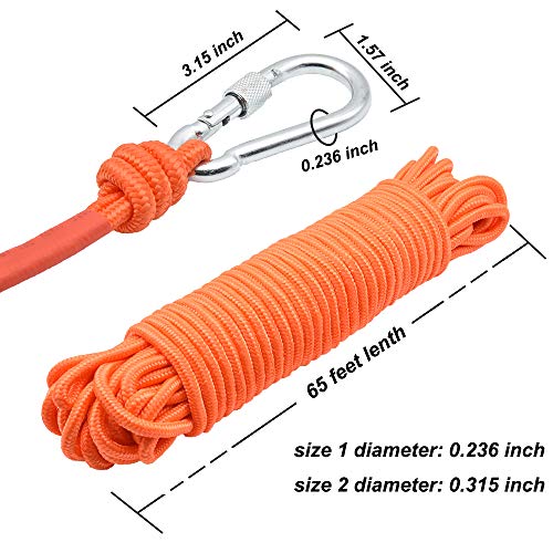 HomTop Magnet Fishing Rope with Carabiner - All Purpose Nylon High Strengte Cord Safety Rope - 65 Feet - Diameter 8mm - Approximately 1/3\