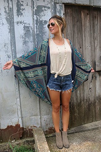 HTDBKDBK Womens Causal Loose Boho Printed Chiffon Loose Shawl Kimono Cardigan Tops Cover Up Blouse Blue