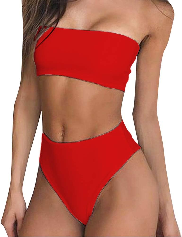 Women's Two Piece Bikini Sets Sexy Bandeau Top Removable Pad High Waisted Bottom Beach Swimwear