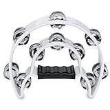 Flexzion Half Moon Musical Tambourine (White) Double Row Metal Jingles Hand Held Percussion Drum for Gift KTV Party Kids Toy with Ergonomic Handle Grip