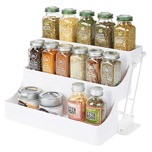 mDesign Plastic 3 Tier Pull Down Spice Rack - Easy Reach Retractable Large Capacity Kitchen Storage Shelf Organizer for Cabinet and Pantry - Holder for Seasoning Jars, Bottles, Shakers - White