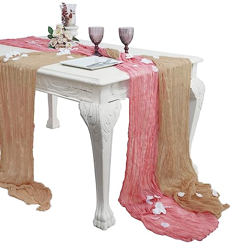 2 Pcs 1 Beige & 1 Rotten Apple Cheesecloth Table Runner with Rose Petals - Gauze Table Runner 13.3 Ft - Rustic Table Runner Boho for Baby Shower Decorations, Bridal Shower, Wedding Decorations
