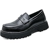 Men's Leather Platform Chunky Slip-On Penny Loafers Classic Round Toe Lug Sole Business Casual Formal Work Shoes